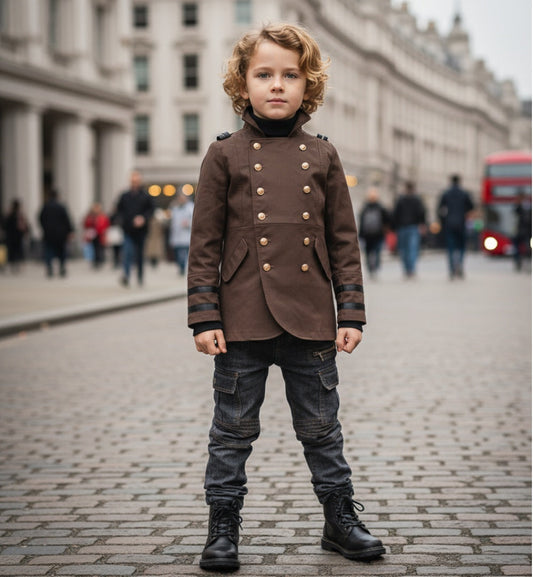 Gabardina formal infantil estilo militar vintage en algodón para niños de 3 a 9 años