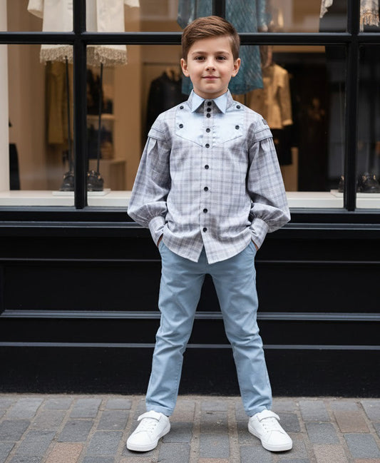 Camisa vintage de algodón para niños, manga larga, estilo clásico y cómodo para fiestas y uso diario.